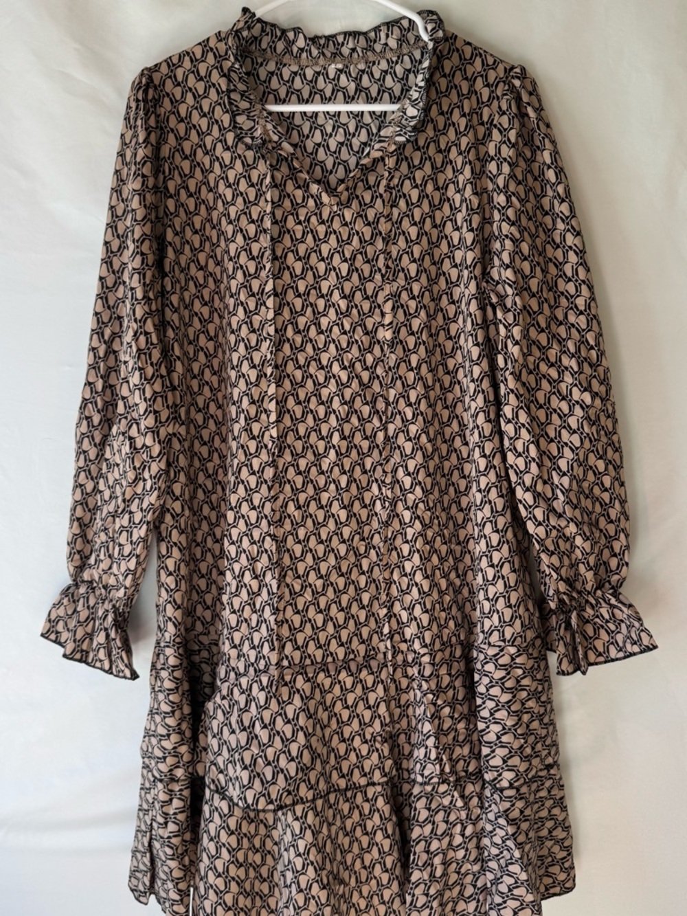 Women's Large Brown Printed Lightweight Long-Sleeve Ruffle Dress - Picture 2 of 9